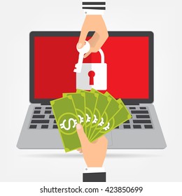 Businessman hand holding money banknote for paying the key from hacker for unlock laptop got ransomware malware virus computer. Vector illustration technology data privacy and security concept.