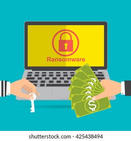 Businessman hand holding money banknote for paying the key from hacker for unlock folder got ransomware malware virus computer. Vector illustration technology data privacy and security concept.