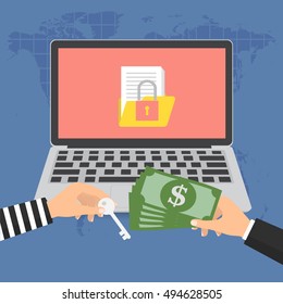 Businessman hand holding money banknote for paying the key from hacker for unlock folder got ransomware malware virus computer. Vector illustration technology data privacy and security concept.