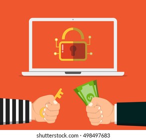 Businessman hand holding money banknote for paying the key from hacker for unlock laptop got ransomware malware virus computer. Flat vector illustration.