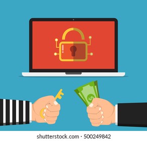 Businessman hand holding money banknote for paying the key from hacker for unlock laptop got ransomware malware virus computer. Flat vector illustration.