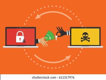 Businessman hand holding money banknote for paying the key from hacker for unlock computer folder got ransomware malware virus computer PC. Vector illustration cybercrime concept.