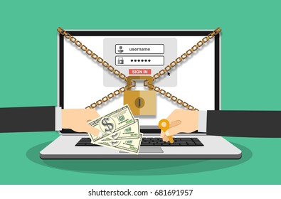 Businessman hand holding money banknote for paying the key from hacker for unlock laptop got ransomware malware virus computer. Vector illustration technology data privacy and security concept.