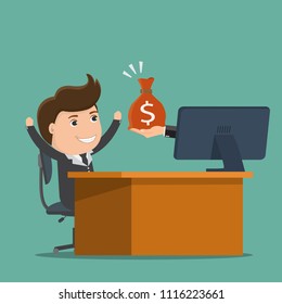 Businessman of hand holding money comes out from computer screen,Business concept.Vector illustration.