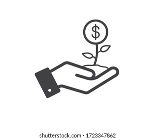 Businessman hand holding money tree. Dollar in hand icon. Growing business concept. Vector illustration.