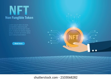 Businessman Hand Holding NFT Non Fungible Token. 3D Crypto Coin For Collectible Digital Art  Technology In Futuristic Abstract Background.