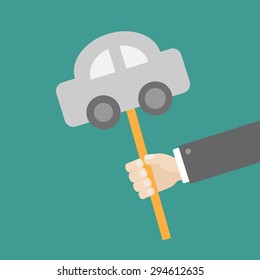 Businessman hand holding paper car on the stick Flat design Vector illustration