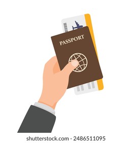 businessman hand holding passport with flight ticket boarding pass