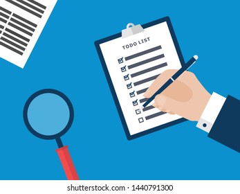 Businessman Hand Holding Pen and Checking a ToDo List. Flat Vector Illustration with Man Hand and Checklist on the Table Top View Vector Flat Design Concept