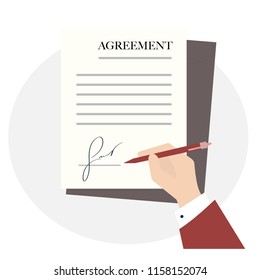 Businessman Hand Holding Pen and Signing Agreement. Contract Sign Deal Business Concept or property buying. Flat Design Style. Vector Illustration about business negotiations results