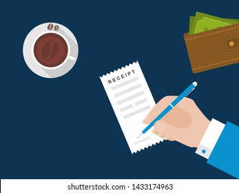 Businessman Hand Holding Pen and Signing a Receipt . Flat Vector Illustration with Man Hand and Receipt on the Table Top View Vector Flat Design Concept