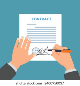 Businessman hand holding pen signing contract on business document paper