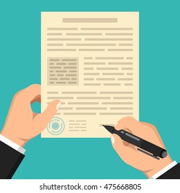 Businessman hand holding pen and signing business contract. Flat vector illustration.