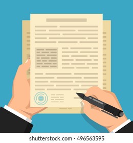 Businessman hand holding pen and signing business contract. Flat vector illustration.