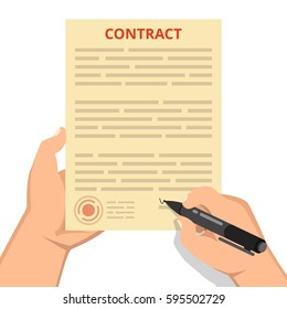 Businessman hand holding pen and signing business contract. Flat vector illustration.