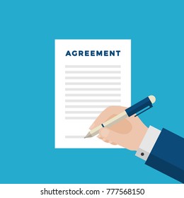 Businessman Hand Holding a Pen and Signing an Agreement.  Contract Signing, Deal, Agreement, Business Concept.  Flat Design Style. Vector Illustration