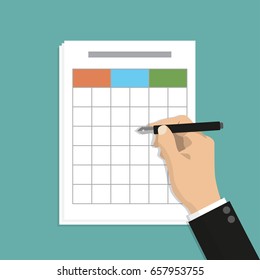 Businessman hand holding pen with spreadsheet file data