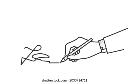 Businessman Hand Holding A Pen, Writing, Signing Contract. Hand Drawn Vector Illustration. Black And White.