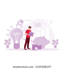 Businessman with a hand holding a pile of coins beside a big light bulb. Money management concept for the future. Trend Modern vector flat illustration