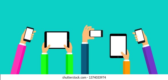 businessman hand is holding a realistic black tablet with smartphone display Isolated on blue background. Vector Illustration.