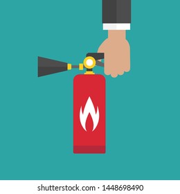 businessman hand holding red fire extinguisher isolated on blue background. safety, danger, help concept. crisis solution, deadline fever. flat vector icon.