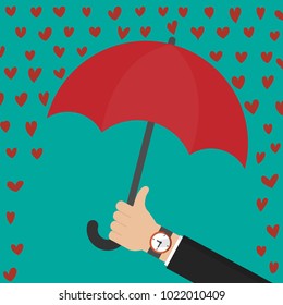 Businessman hand holding red umbrella and falling hearts. Red umbrella with rain hearts. Love card. Flat design vector illustration