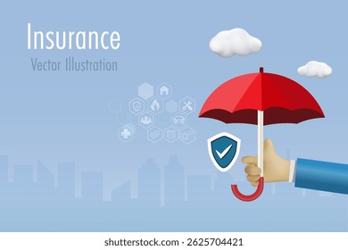 Businessman hand holding red umbrella and insurance protection shield with Insurance icons for family, medical, home, car, travel and fire. 3D vector.