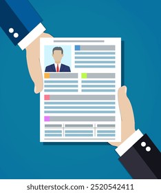 Mão de empresário segurando currículo para entrevista. CV folha de papel de aplicação. Conceito de gerenciamento de recursos humanos. ilustração vetorial em design plano