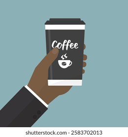 Businessman hand holding a reusable mug. Thermo cup or tumblers with cover for take away hot coffee or tea. Coffee to go. Break, time for coffee. flat vector illustration