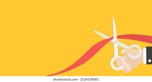 Businessman hand holding scissors and cuts red ribbon. Grand opening ceremony. Inauguration. New store business launch. Startup. Banner template. Flat design style. Yellow background. Isolated. Vector