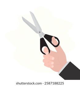 Businessman hand holding scissors. Design isolated on white background. Male hairdresser, tailor. Worker man with tool. flat vector illustration