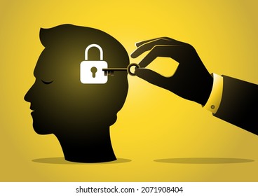 Businessman hand holding secret key to unlock ideas on human head