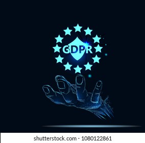 Businessman hand holding sign general data protection regulation (GDPR) and key icon. Low poly vector illustration. 3D