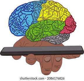 Businessman hand holding smartphone with AI brain. Artificial intelligence technology concept. Vector hand drawn artistic illustration on white background.