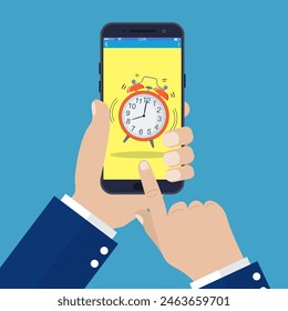 Mano del hombre de negocios que sostiene el smartphone con el reloj de alarma en la pantalla. Ilustración vectorial en estilo plano