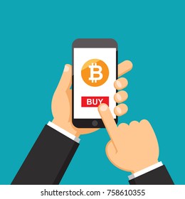 Businessman hand holding smartphone with Bitcoins on screen, Online bitcoin payment concept, Flat design vector illustration
