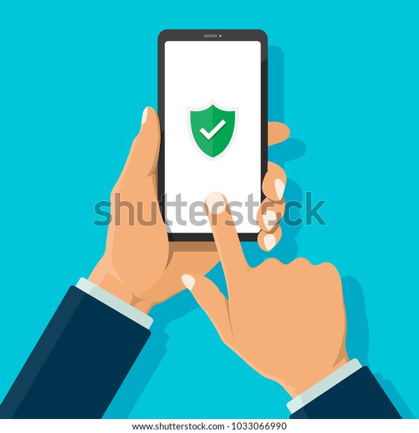 スマートフォンと指で触れ スクリーン上でスキャンするビジネスマン 緑のシールドと白のチェックマーク が付いています モバイルセキュリティのコンセプト ベクター画像とイラストモダンフラットデザイン のベクター画像素材 ロイヤリティフリー