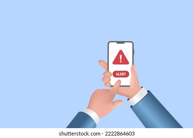 Businessman hand holding smartphone with malware alert warning sign. Online scam alert, cyber attack, 3D realistic vector.