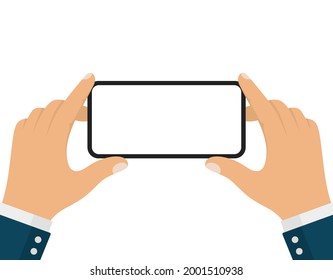 Businessman Hand Holding Smartphone Recording Video in Horizontal Position or Landscape Mode.