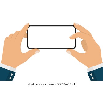 Businessman Hand Holding Smartphone Taking Picture In Horizontal Position Or Landscape Mode.