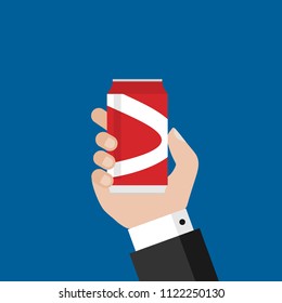 Businessman Hand Holding Soda Can. Flat Vector Illustration