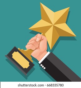 Businessman Hand Holding Star Award. Winner Trophy Award. First Place. Gold Star Award. Flat Vector Illustration.He Was Awarded The Rank 1.Winner Concept.