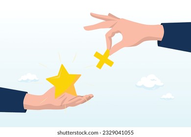 Businessman hand holding star value and another added plus sign to it, value added, increase value or price of product to make profit, additional advantage or development for more benefit (Vector)