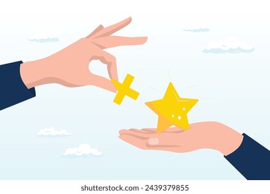 Businessman hand holding star value and another added plus sign to it, value added, increase value or price of product to make profit, additional advantage or development for more benefit (Vector)