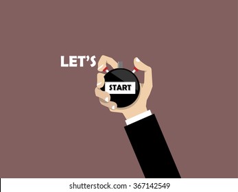 businessman hand holding stopwatch with text let's start