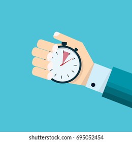 Businessman hand holding stopwatch. Time management concept. Vector cool flat design style illustration. Time control, planning. Isolated on aqua background
