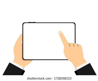 Businessman Hand Holding Tablet With Empty Screen, Business Concept, Flat Design Vector Illustration.