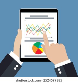 Businessman hand holding tablet with financial chart and graph. Financial analysis. Vector illustration in flat design for business concept.