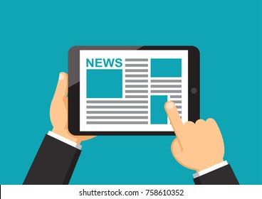 Businessman Hand Holding Tablet To Reading News On Screen, Online Media Business Concept, Flat Design Vector Illustration