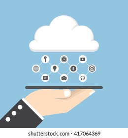 Businessman hand holding tablet and share data on cloud, cloud computing concept